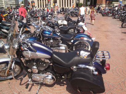 Harley Davidsons parked in Plaça Espanya